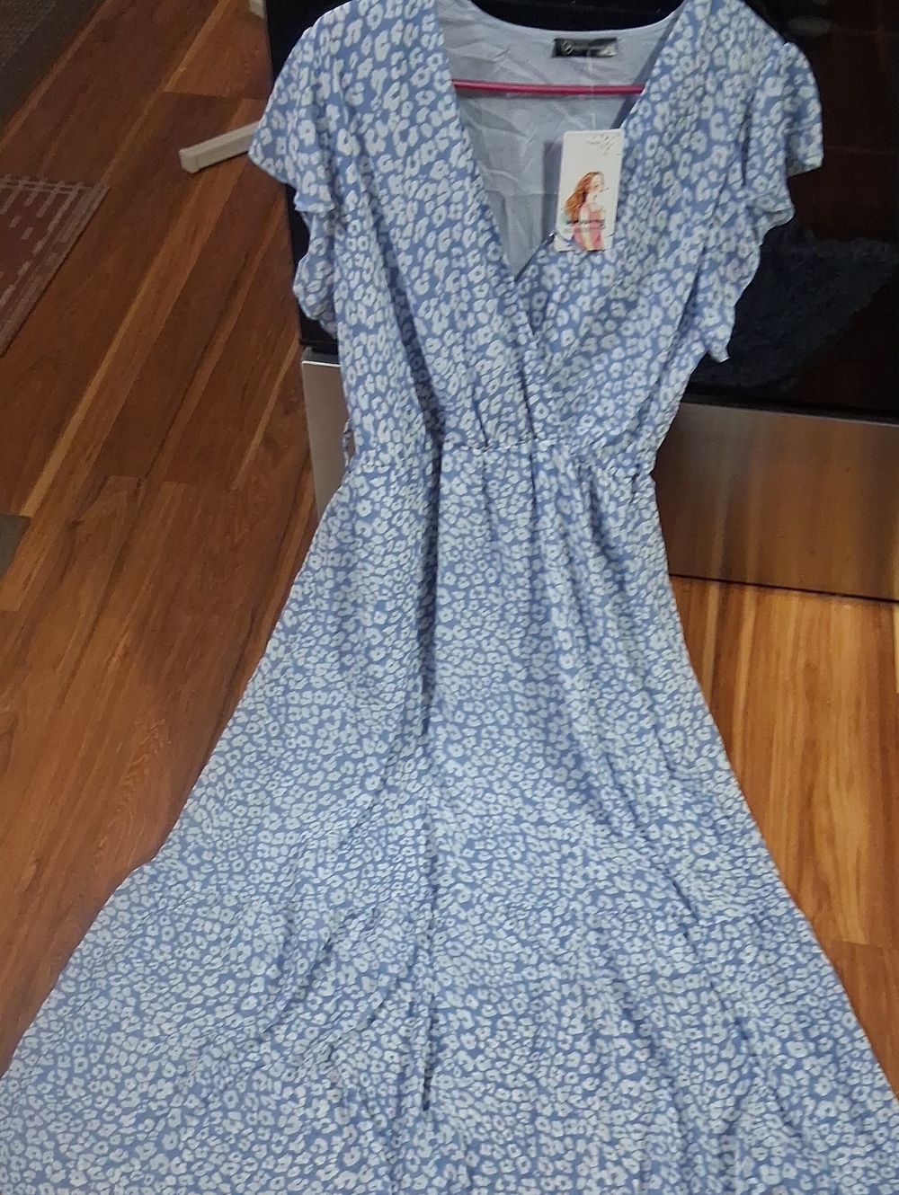 Blue Floral Print Wrap Maxi Dress with Flutter Sleeves